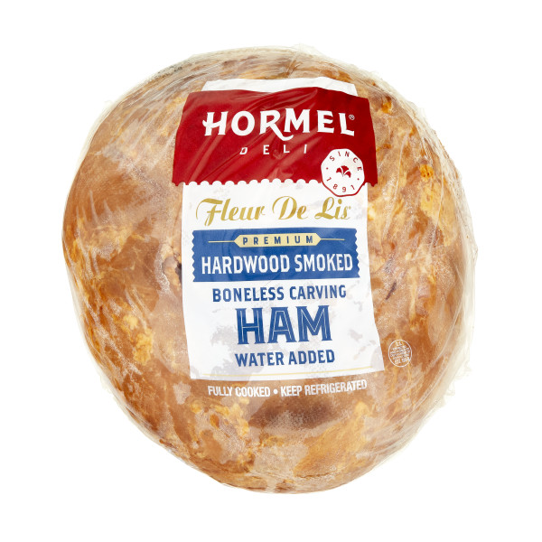 FLEUR DE LIS(tm) Premium Hardwood Smoked Carving Ham, Boneless, Water Added, 2 pc . C1CB - Front Center Inner Pack (Hi Res)