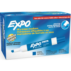 Low-Odor Dry Erase Markers, Chisel Tip, Blue, Box of 12