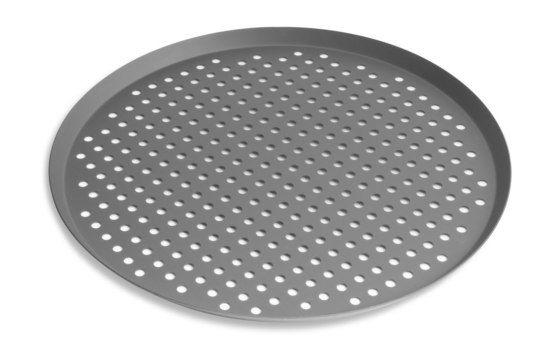 16-inch perforated press-cut pizza pan with hardcoat strength coating