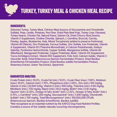 <p>Deboned Turkey, Turkey Meal, Chicken Meal (source of Glucosamine and Chondroitin Sulfate), Lentils, Peas, Dried Ground Potatoes, Pea Fiber, Dried Plain Beet Pulp, Flaxseed, Turkey Liver, Turkey Hearts, Chicken Fat, Natural Flavor, Salmon Oil, Dried Chicory Root, Taurine, Vitamin E Supplement, Choline Chloride, Spinach, Broccoli, Carrots, Parsley, Apples, Blueberries, Kale, L-Carnitine, Mixed Tocopherols added to preserve freshness, Vitamin B3 (Niacin), Zinc Proteinate, Ferrous Sulfate, Zinc Sulfate, Iron Proteinate, Vitamin A Supplement, Vitamin B1 (Thiamine Mononitrate), d-Calcium Pantothenate, Sodium Selenite, Pyridoxine Hydrochloride, Copper Sulfate, Manganese Sulfate, Vitamin B2 (Riboflavin), Manganese Proteinate, Copper Proteinate, Biotin, Vitamin D3 Supplement, Yucca Schidigera Extract, Vitamin B12 Supplement, Folic Acid, Calcium Iodate, Vitamin C (Ascorbic Acid), Dried Enterococcus faecium Fermentation Product, Dried Bacillus licheniformis Fermentation Product, Dried Bacillus subtilis Fermentation Product, Rosemary Extract, Green Tea Extract, Spearmint Extract.<br />
This is a naturally preserved product<br />
Manufactured in a facility that also processes grains	</p>
