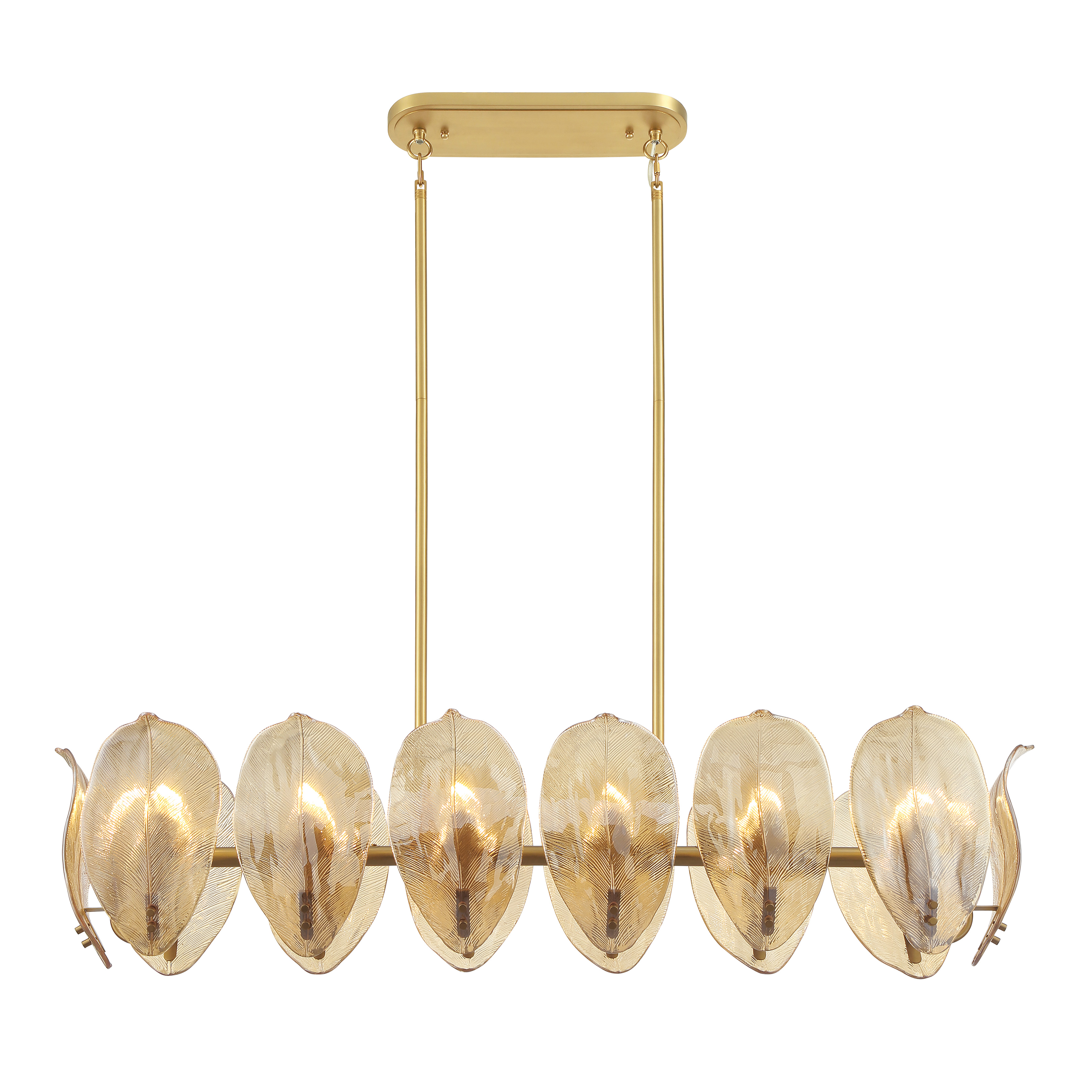 The Orchid 48" island chandelier combines transitional elegance with artisanal craftsmanship. Featuring 14 candelabra lights housed in handmade amber glass shades and finished in legacy brass, it delivers warm, inviting illumination perfect for kitchen islands and dining spaces. - alternate view
