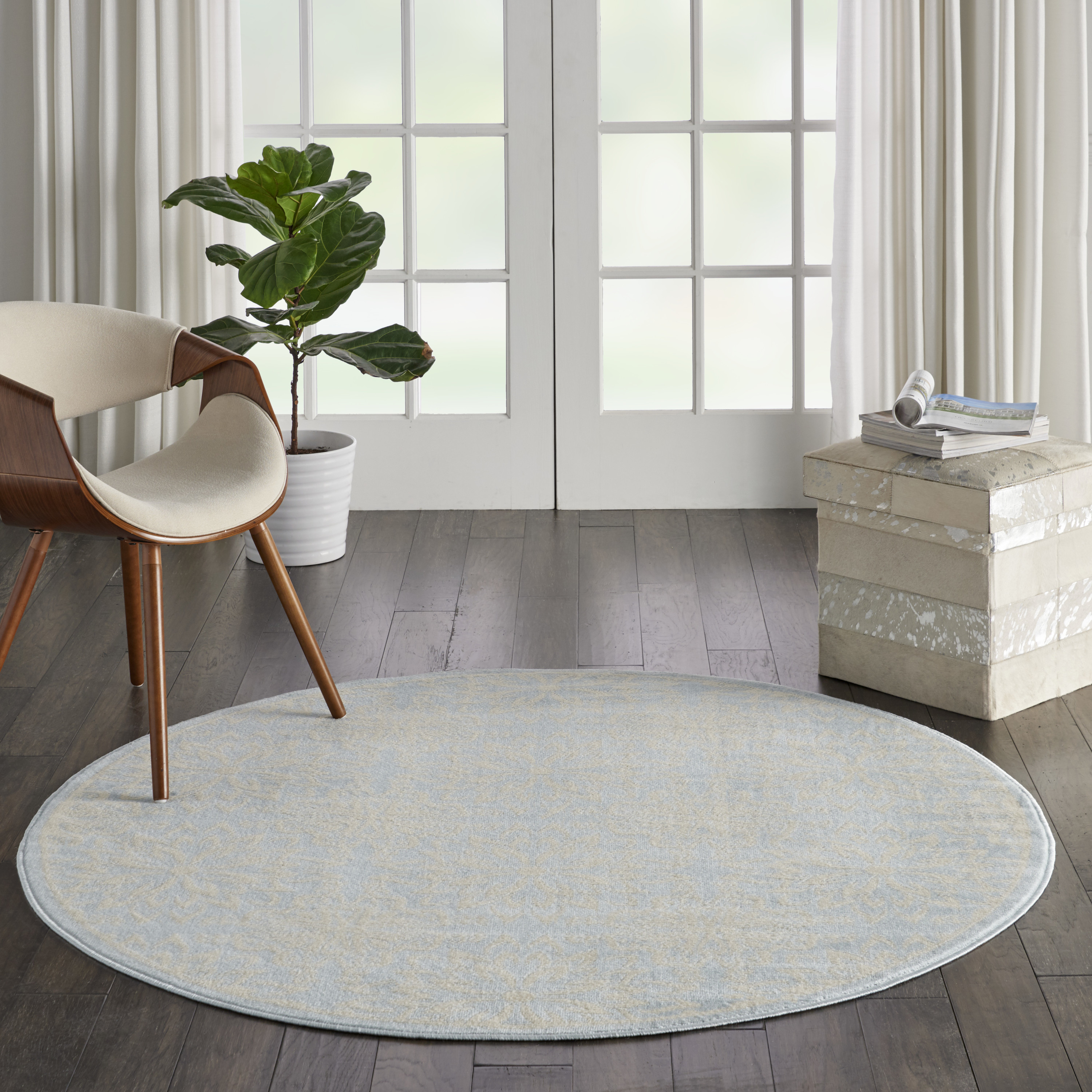 Nourison Jubilant 5'3" x Round Ivory Light Blue Farmhouse Indoor Rug