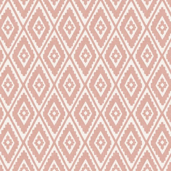 Dusty-pink and white diamond-patterned wallpaper, stepped-edge motifs repeating across the surface, covers the entire flat wall, evenly lit close-up with no visible furnishings or windows.