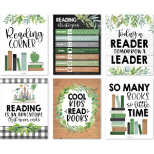 Farmhouse Greenery Reading Posters For Classroom Library Decor, Set of 6