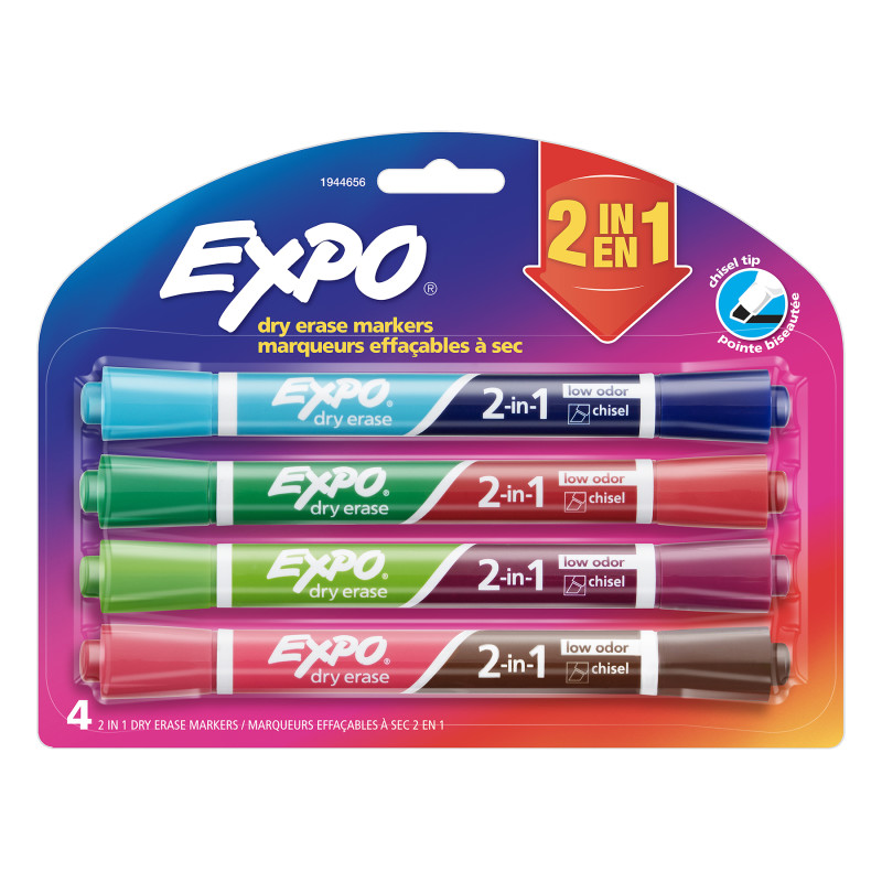 Dry Erase 2-in-1 Markers, Chisel Tip, Assorted, 4-Count