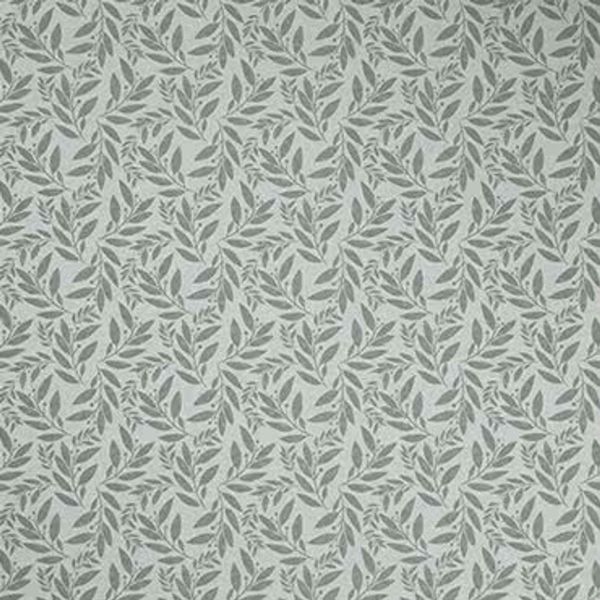 Wallpaper: repeating small gray-green leaf motif covering an entire surface; pattern repeats uniformly, creating subtle botanical texture on a softly lit interior wall.