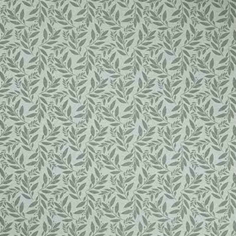 Wallpaper: repeating small gray-green leaf motif covering an entire surface; pattern repeats uniformly, creating subtle botanical texture on a softly lit interior wall.