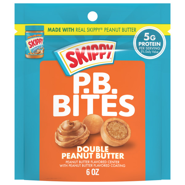 SKIPPY(r) P.B. Bites Double Peanut Butter, 6 oz. Pouch . A1N1 - Front No Plunge In Package (Low Res)