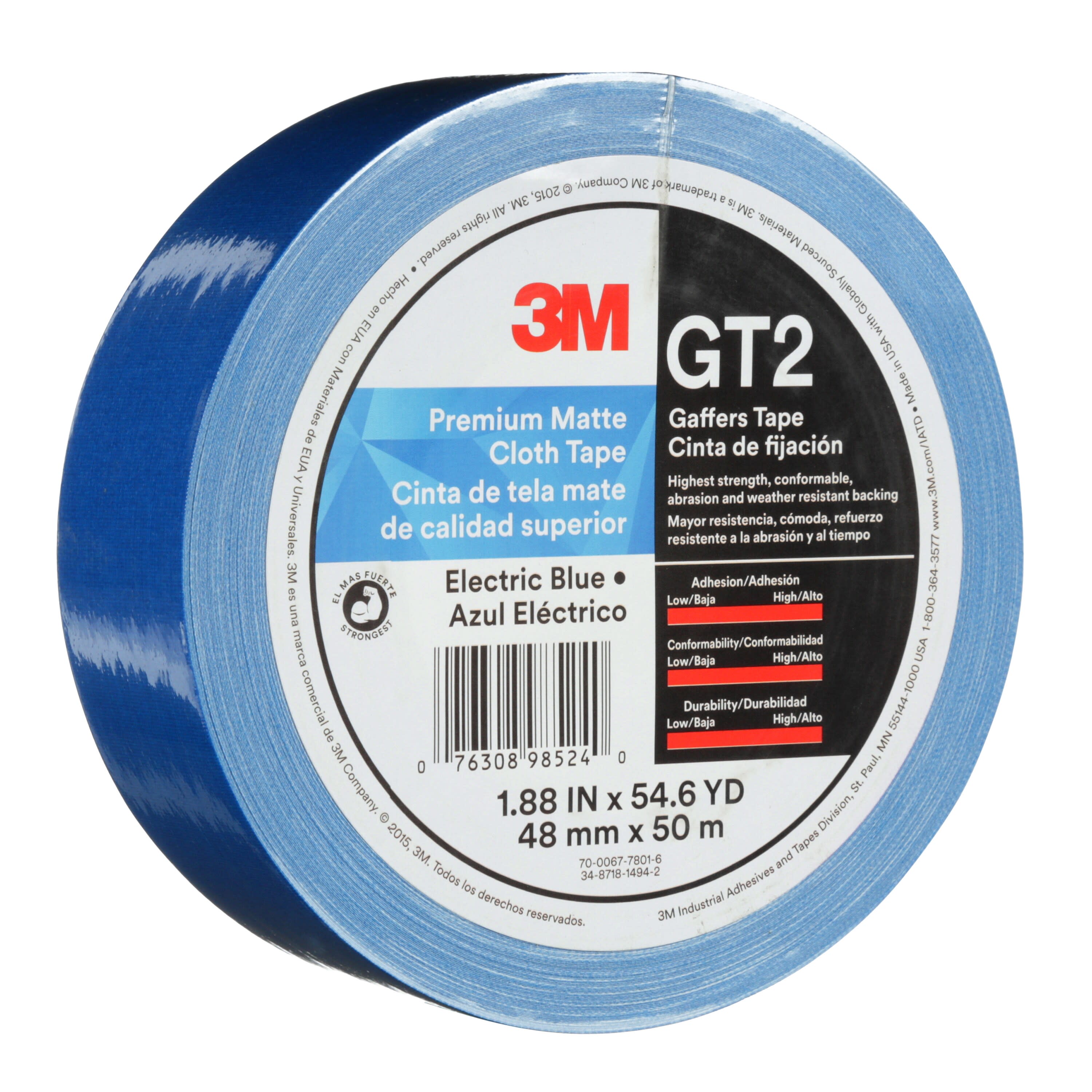 3M™ Premium Matte Cloth (Gaffers) Tape GT2, Electric Blue, 48 mm x 50 m,
11 mil, 24 per case