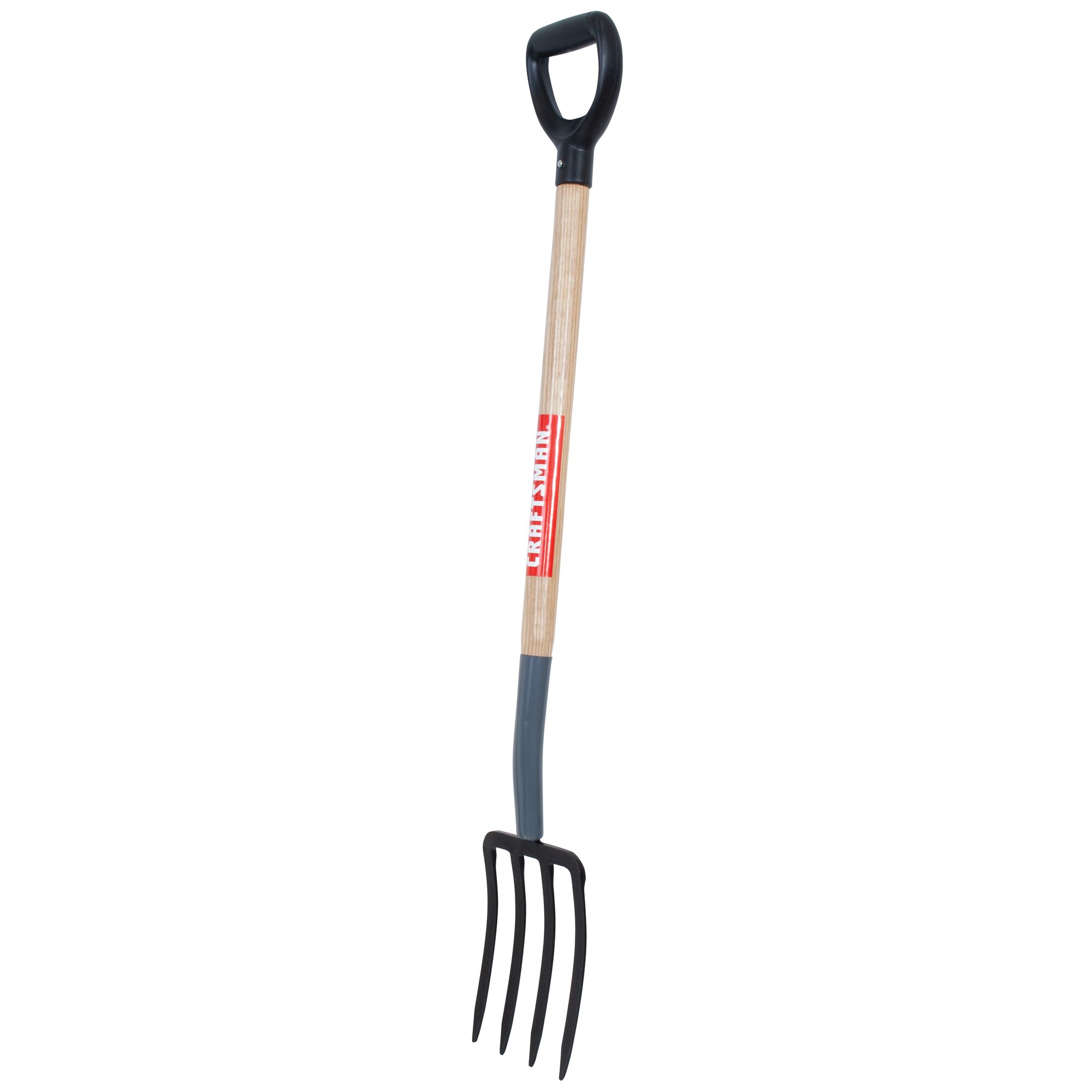 Right profile of wood handle digging fork.