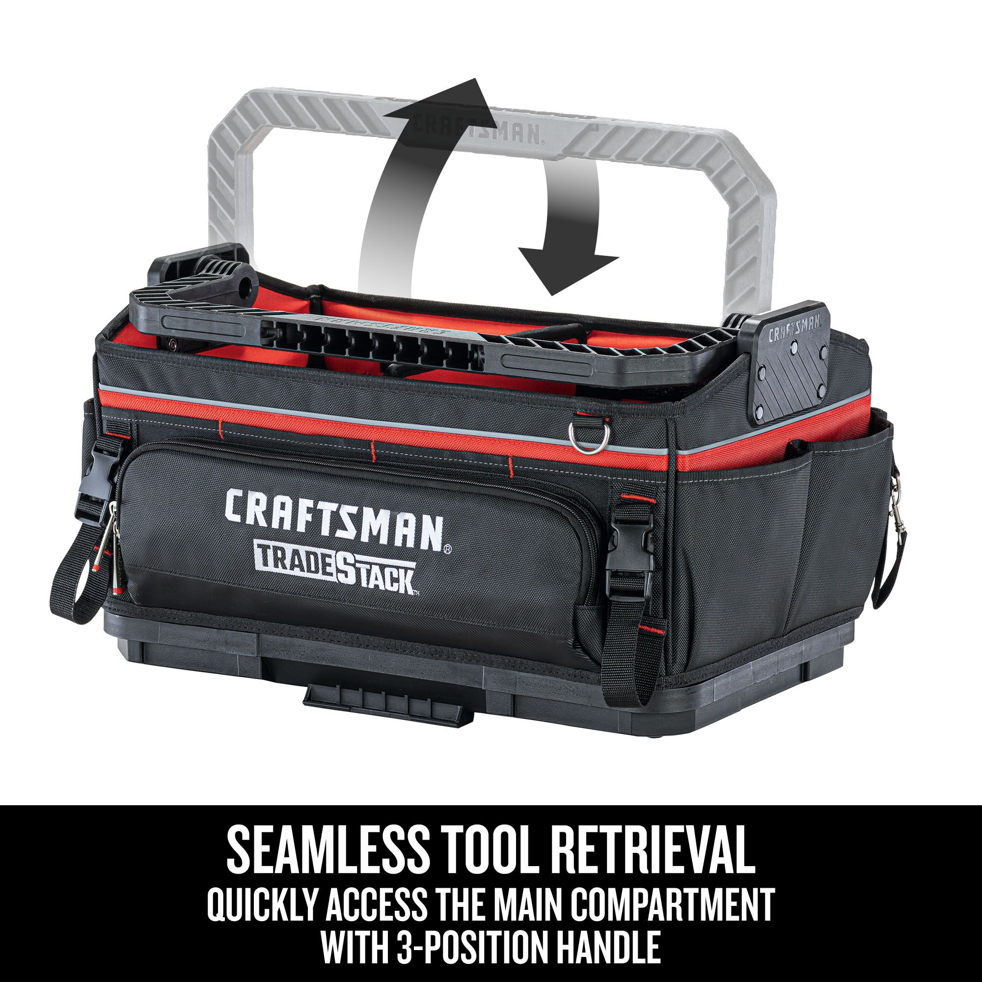 Seamless tool retrieval, quickly access the main compartment with 3-position handle