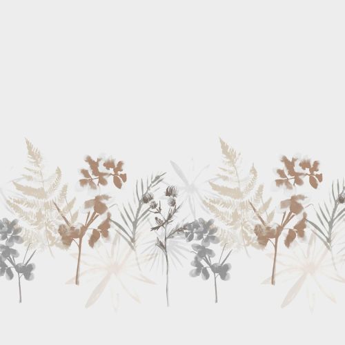 Watercolor botanical border along the lower edge: translucent ferns, palms, and blossoms in muted beige and gray, overlapping to form a soft decorative strip against a pale minimalist background.