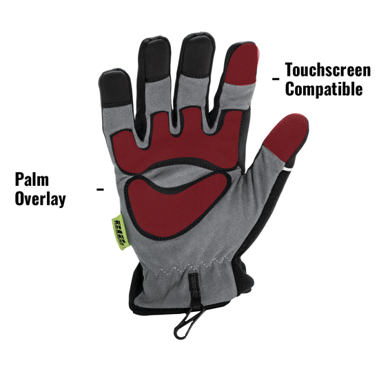 Waterproof Fleece Lined Tundra Touchscreen Screen Gloves in Gray and Black TUNFWP showing Touchscreen Compatible and Palm Overlay