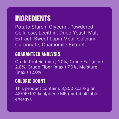 Potato Starch, Glycerin, Powdered Cellulose, Lecithin, Dried Yeast, Malt Extract, Sweet Lupin Meal, Calcium Carbonate, Chamomile Extract.