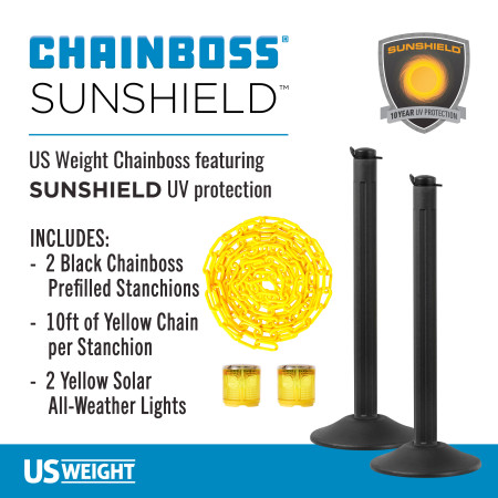 ChainBoss Stanchion - Black Filled with Yellow Chain & LED Lights 2