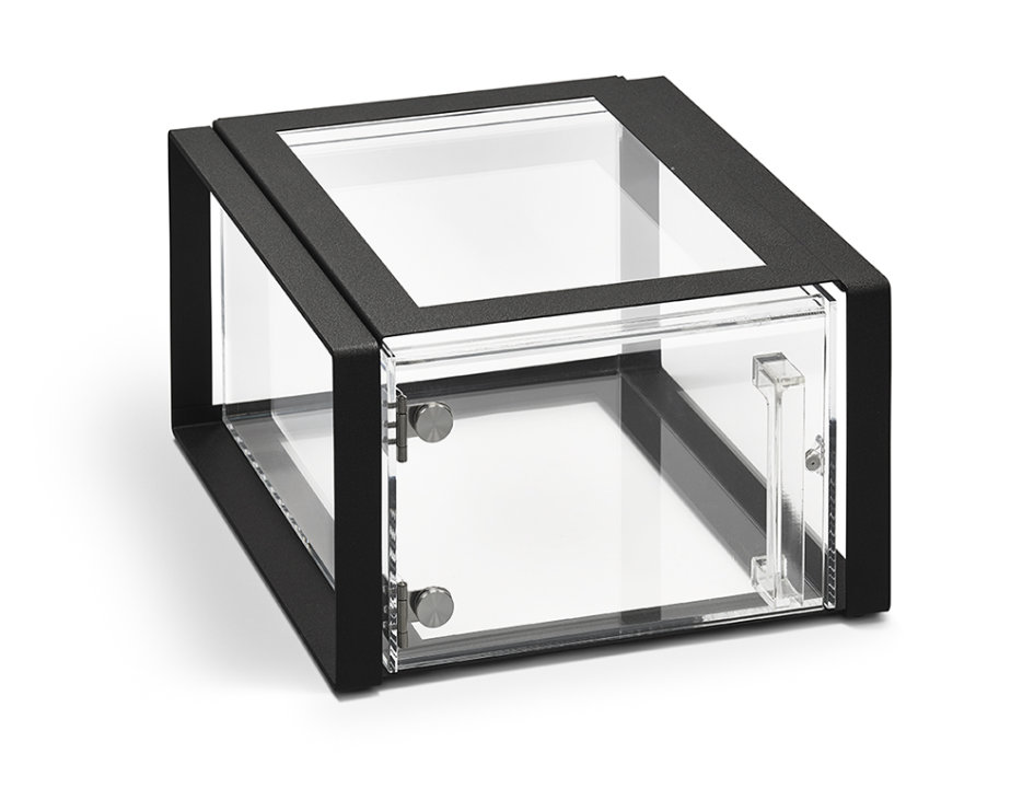 Cubic modular display bin with ½-size drawer and black frame