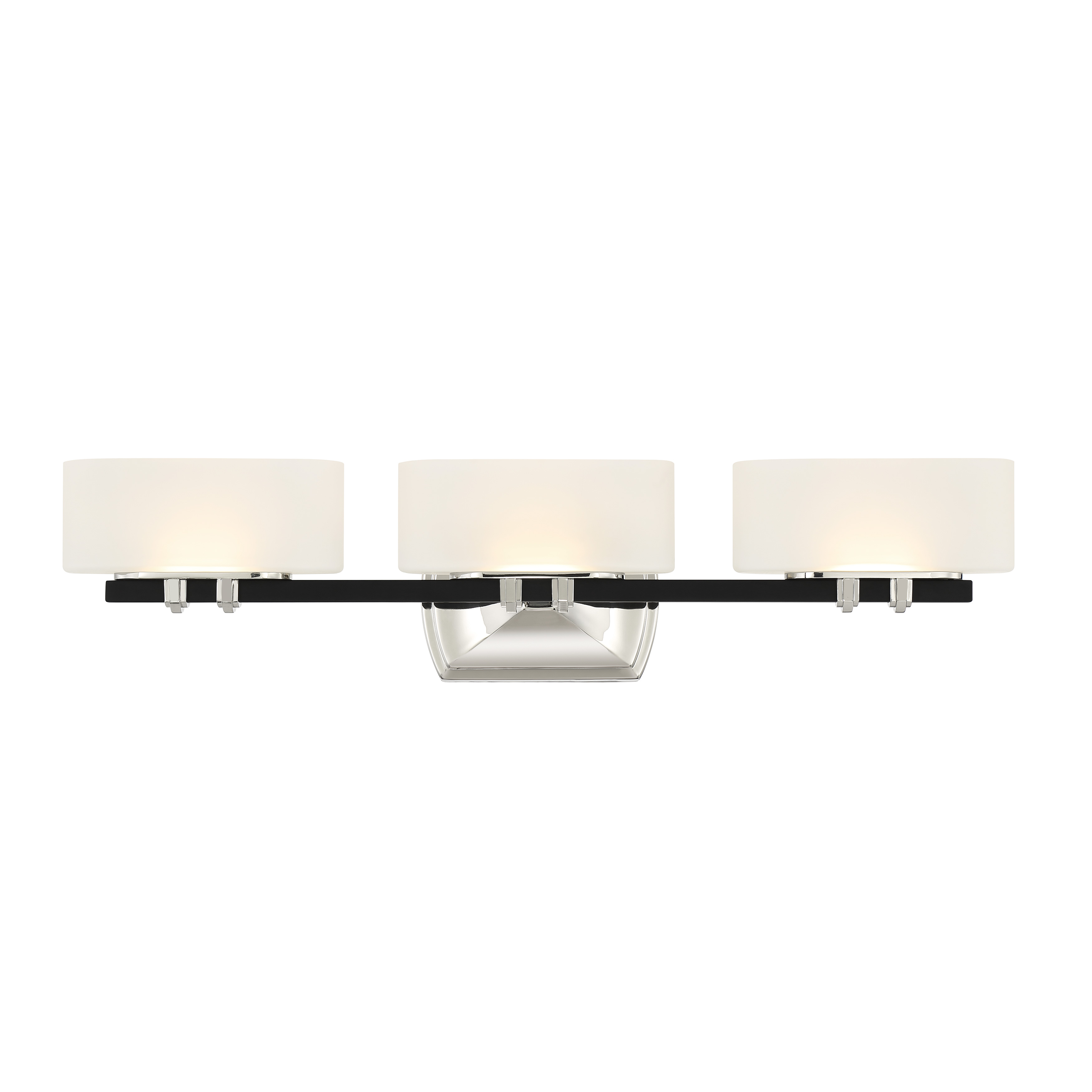 The Drury LED Bath combines polished nickel and coal finishes with etched white glass for a sophisticated contemporary look. High CRI of 93 ensures accurate color rendering, perfect for grooming tasks. - alternate view