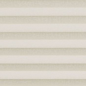Layered horizontal cellular blind, beige and cream textured bands covering window; closed, filtering soft light; neutral interior setting with diffuse daylight and minimal visual detail.