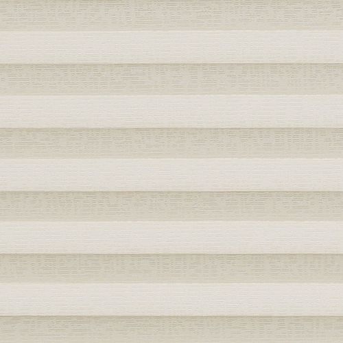 Layered horizontal cellular blind, beige and cream textured bands covering window; closed, filtering soft light; neutral interior setting with diffuse daylight and minimal visual detail.