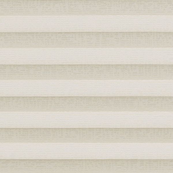 Layered horizontal cellular blind, beige and cream textured bands covering window; closed, filtering soft light; neutral interior setting with diffuse daylight and minimal visual detail.