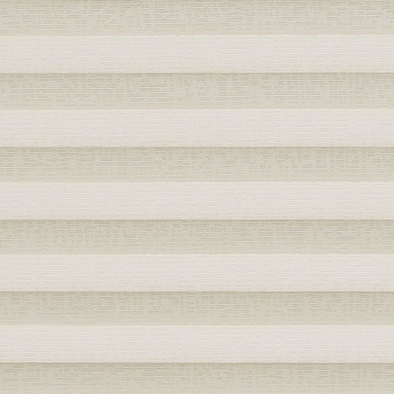 Layered horizontal cellular blind, beige and cream textured bands covering window; closed, filtering soft light; neutral interior setting with diffuse daylight and minimal visual detail.
