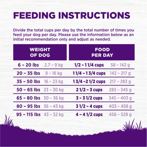 <p>Standard measuring cup holds approximately 4.1 oz (116g) of Wellness Complete Health Age Advantage Deboned Chicken & Barley Recipe Dog Food.</p>
<p>Weight of Dog (lbs)	Weight of Dog (kg)	Cups per Day	Grams per Day<br />
6 – 20	2.7 – 9	1/2 – 1 1/4	58 – 142<br />
20 – 35	9 – 16	1 1/4 – 1 3/4	142 – 217<br />
35 – 50	16 – 23	1 3/4 – 2 1/2	217 – 283<br />
50 – 65	23 – 30	2 1/2 – 3	283 – 345<br />
65 – 80	30 – 36	3 – 3 1/2	345 – 403<br />
80 – 95	36 – 43	3 1/2 – 4	403 – 458<br />
95 – 115	43 – 52	4 – 4 1/2	458 – 529</p>
<p>Dogs over 115 lbs (52kg): Add approximately 1/4 cup (32g) for every 10 lbs (4.5kg) over 115 lbs.									</p>
<p>Combination Feeding: If feeding with Wellness wet food, reduce dry amount fed by 1/3 cup (49g) for every 6 oz (170g) of wet food.</p>
