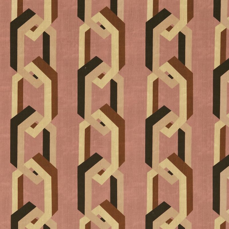 Geometric wallpaper featuring vertical, interlocking chain motifs in cream, brown, and black on a dusty-rose background; pattern repeats uniformly across a flat, evenly lit wall surface.
