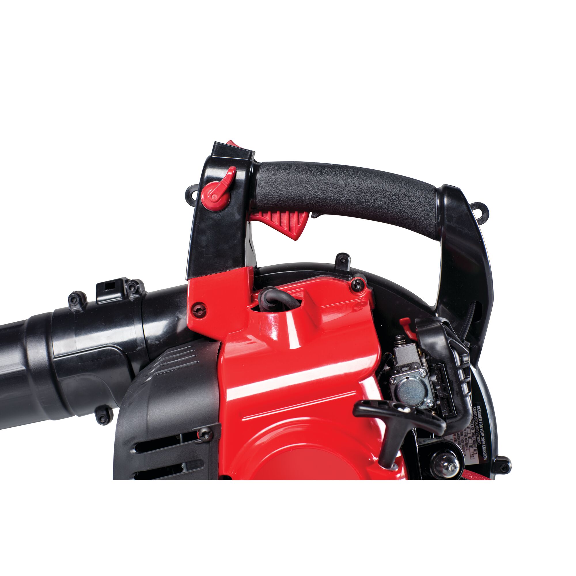 Comfort over mold handle feature of 2 cycle full crank engine gas leaf blower vacuum.