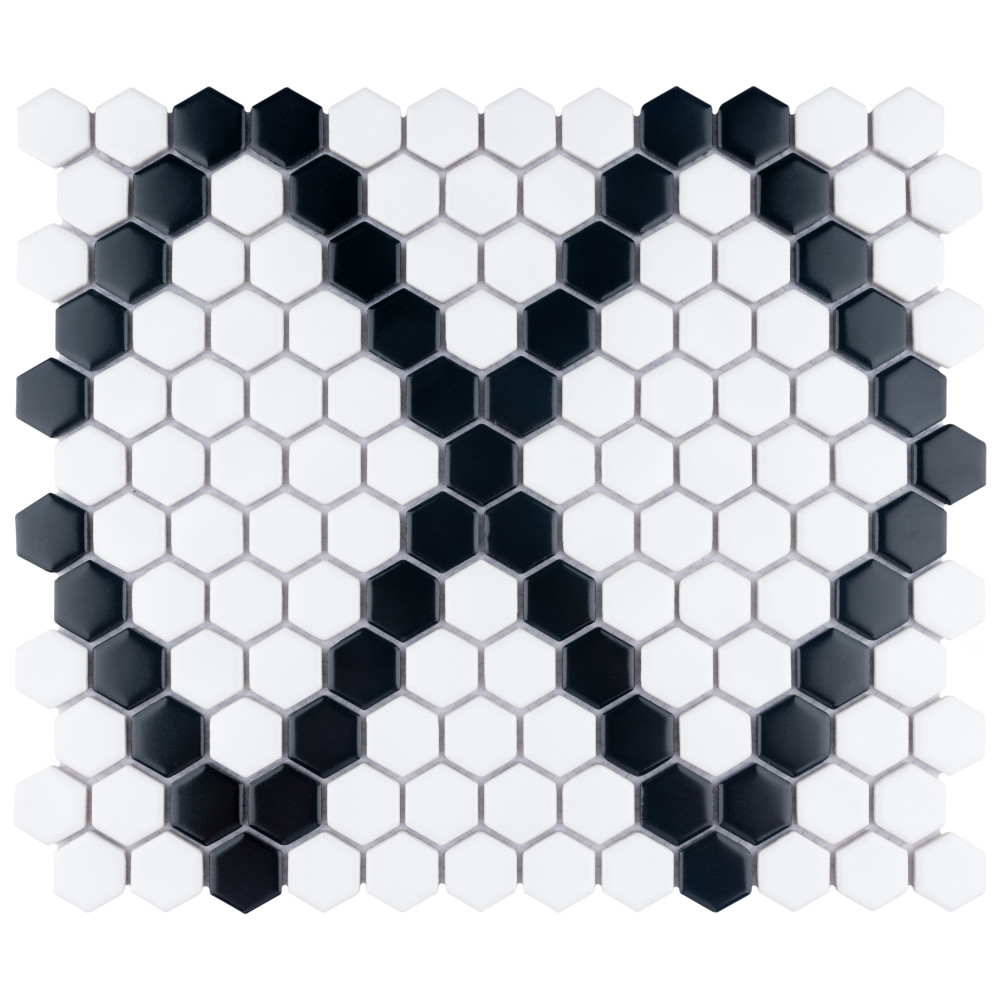 Metro 1″ Hex Matte White w/Black Diamond 10-1/4 in. x 11-7/8 in. Porcelain Mosaic Tile