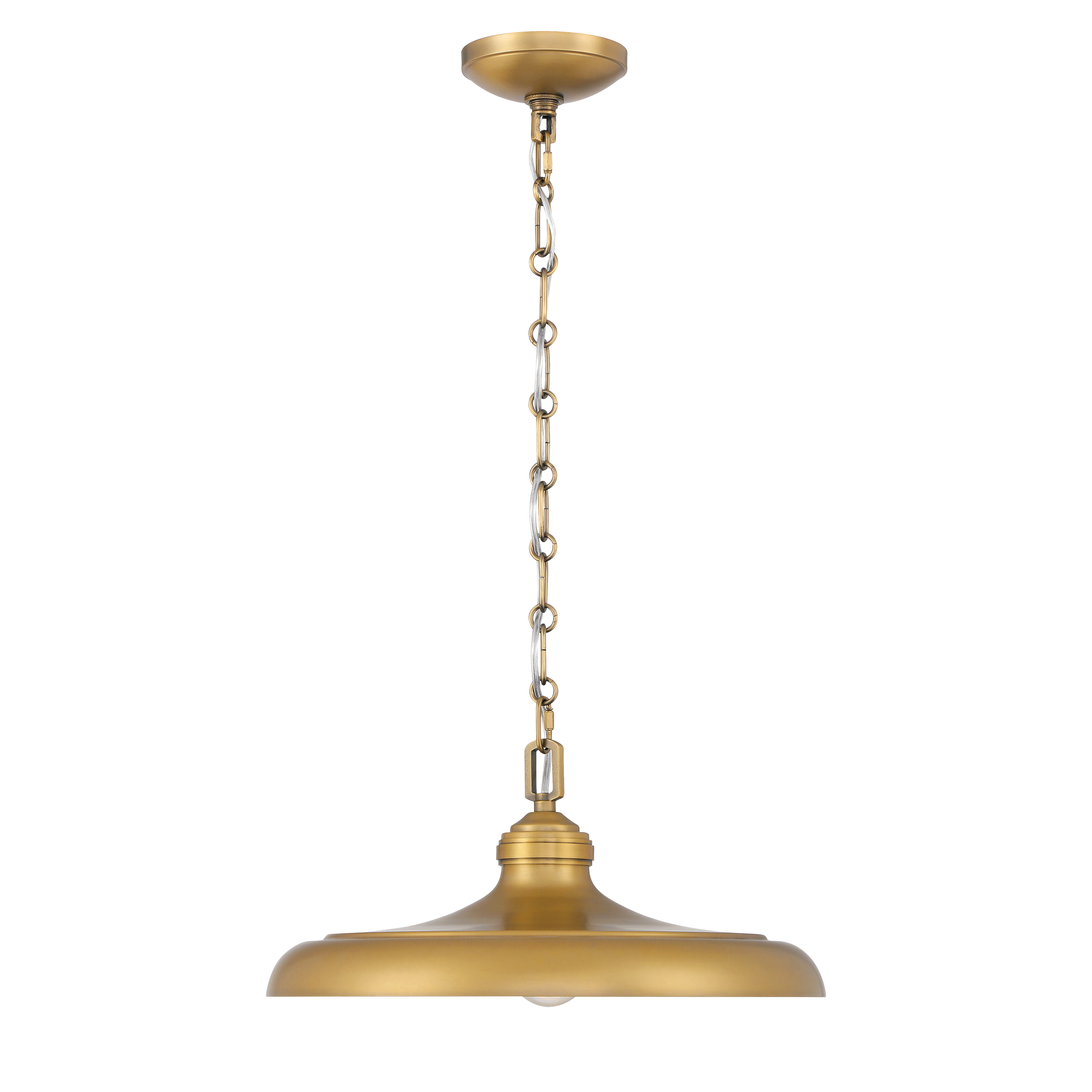 The Crowne pendant combines traditional brass warmth with clean, contemporary lines. At 16 inches wide, it's perfectly scaled for intimate dining spaces, kitchen islands, or entryways. The Legacy Brass finish adds vintage charm. - alternate view