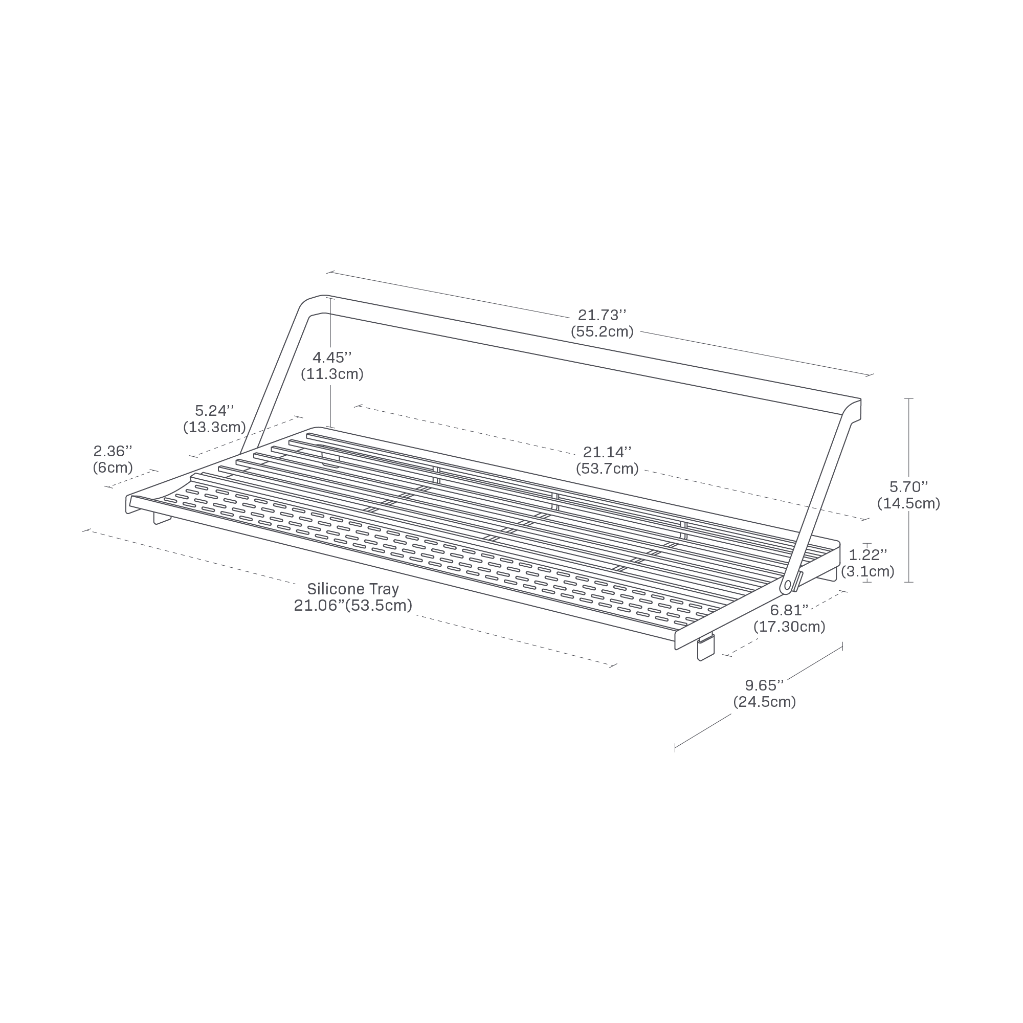 The image shows a Slim Over-the-Sink Dish Drying Rack in White with overall dimensions of 21.73″ W × 9.65″ D × 5.70″ H. The drying surface measures 21.14″ × 6.81″, silicone tray 21.06″ long, front tray 5.24″ × 2.36″, support height 4.45″, and base height 1.22″.