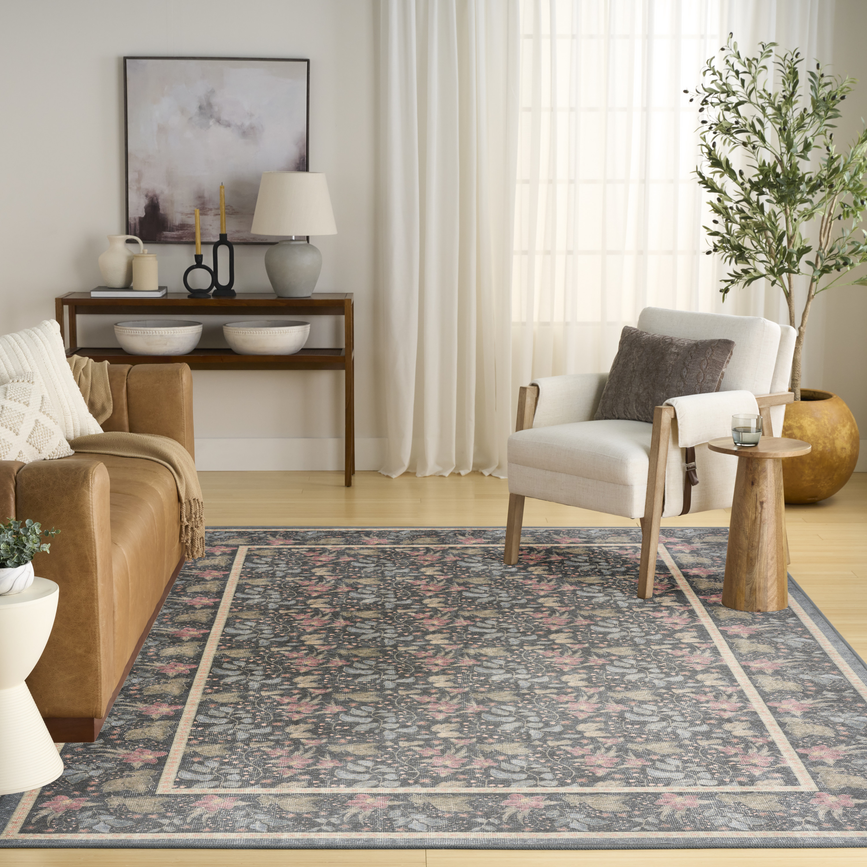 Nourison Botanical Washables 4' x 6' Charcoal Multicolor Farmhouse Indoor Rug