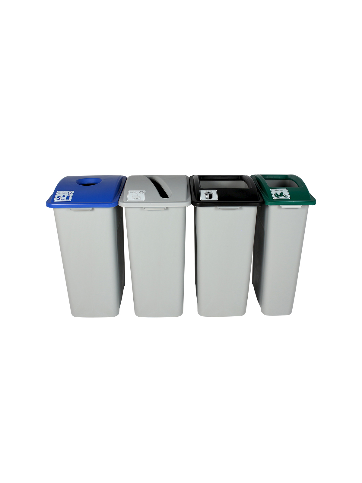 WASTE WATCHER – Quad – Kit – Xl – Cans & Bottles-Paper-Compost-Waste – Circle-Slot-Full – Grey-Blue-Grey-Green-Black