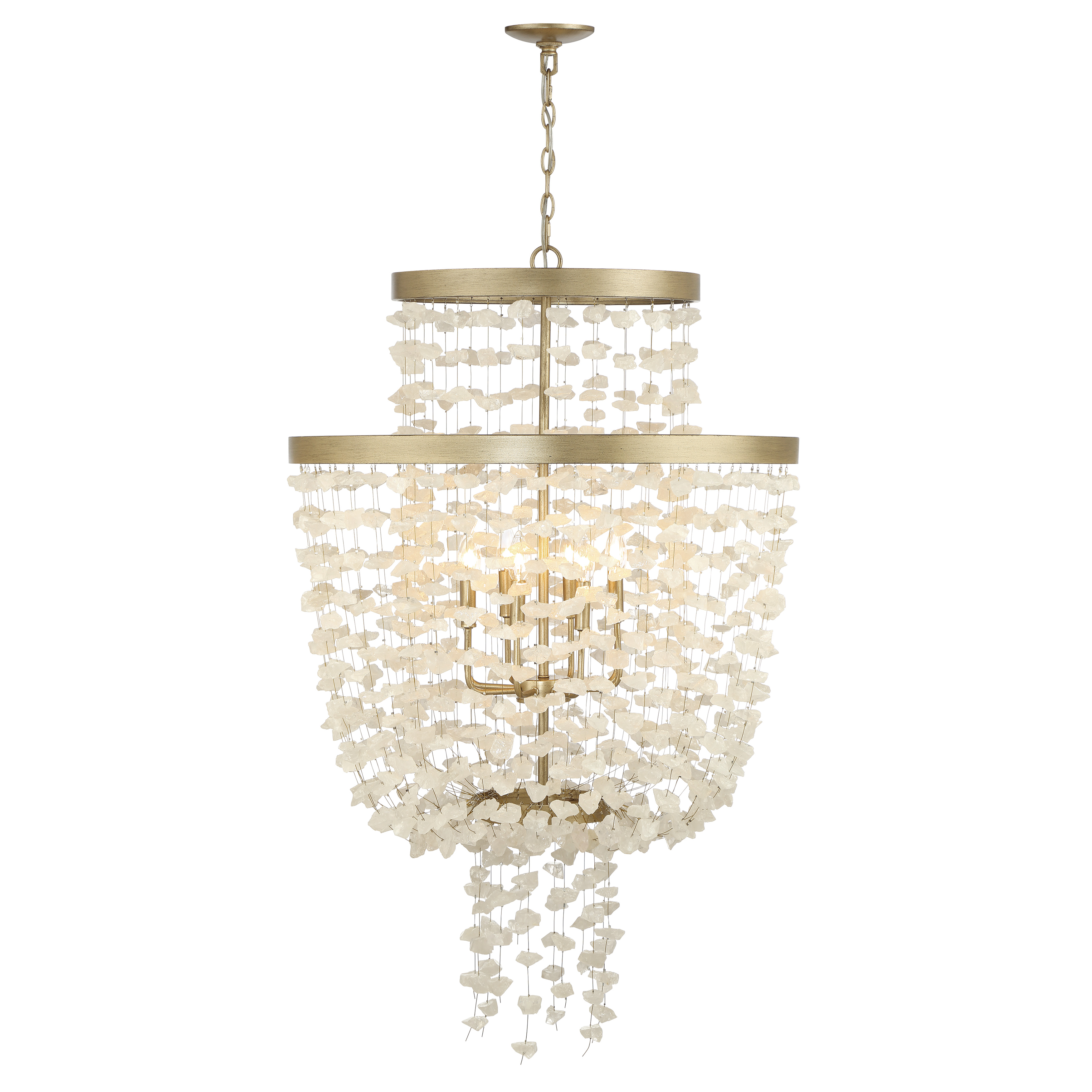 Robin Baron's Stonybrook pendant combines warm Harvest Gold metalwork with natural crystalline quartz for a sophisticated organic modern aesthetic. Eight lights provide ample illumination while the 30-inch width makes a bold statement. - alternate view