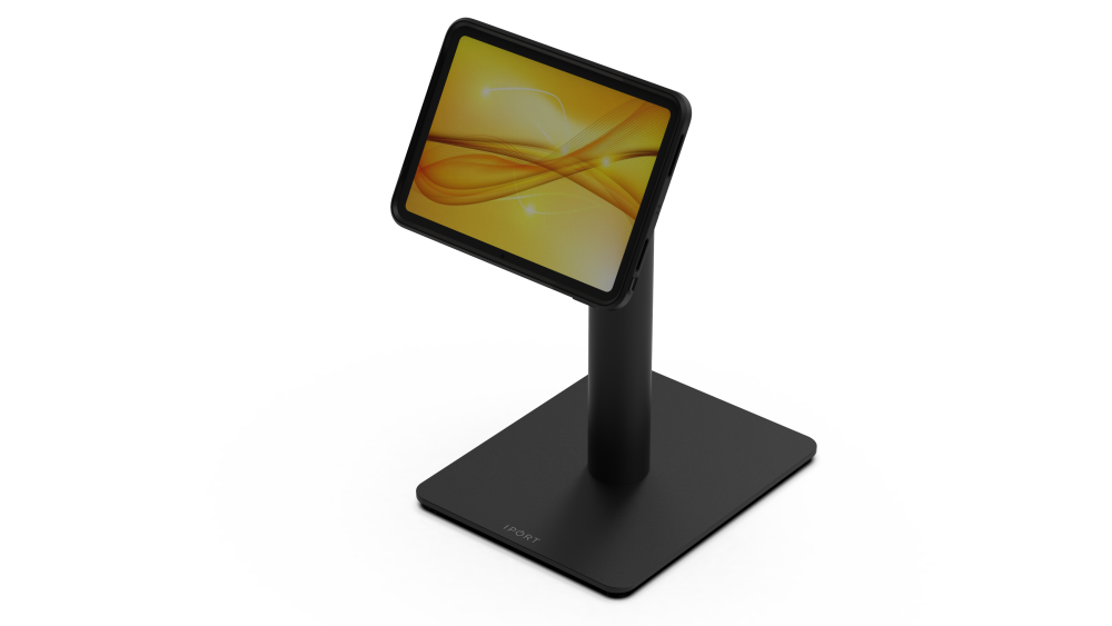CONNECT MOUNT Pillar Single iPads on a Baseplate in black fifteen inches high with a CONNECT MOUNT head and Hirose H10 Connection.