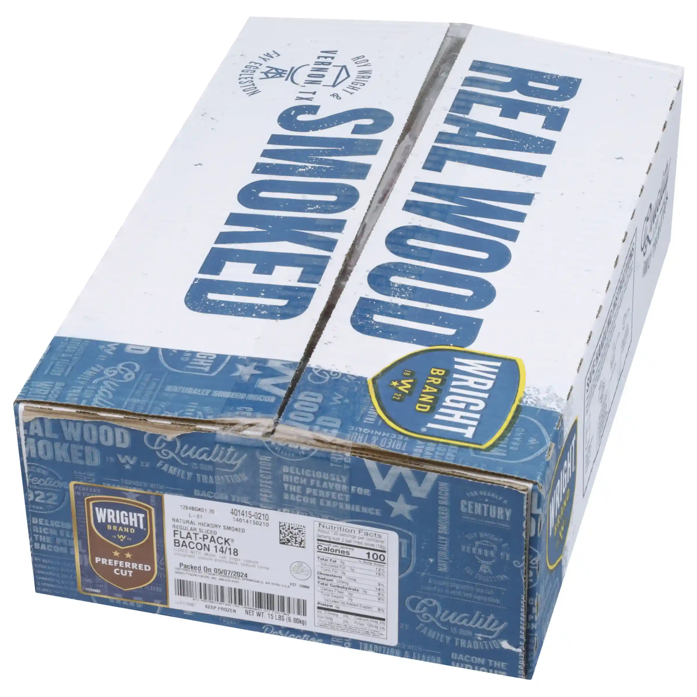 Wright® Brand Naturally Hickory Smoked Regular Sliced Flat-Pack® Bacon, 15 Lbs, 14-18 Slices per Pound, Frozen_image_5