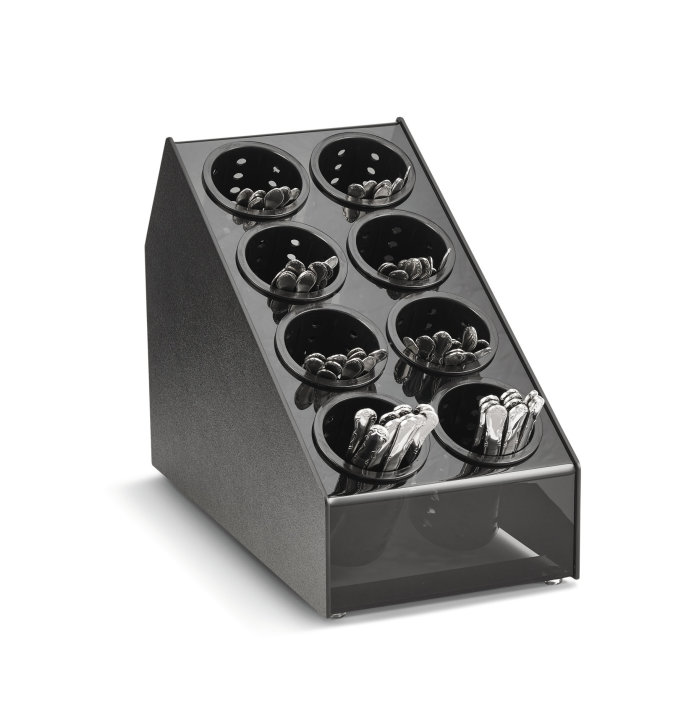 Organizador plano de encimera de ocho compartimentos con cilindros perforados extraíbles en negro