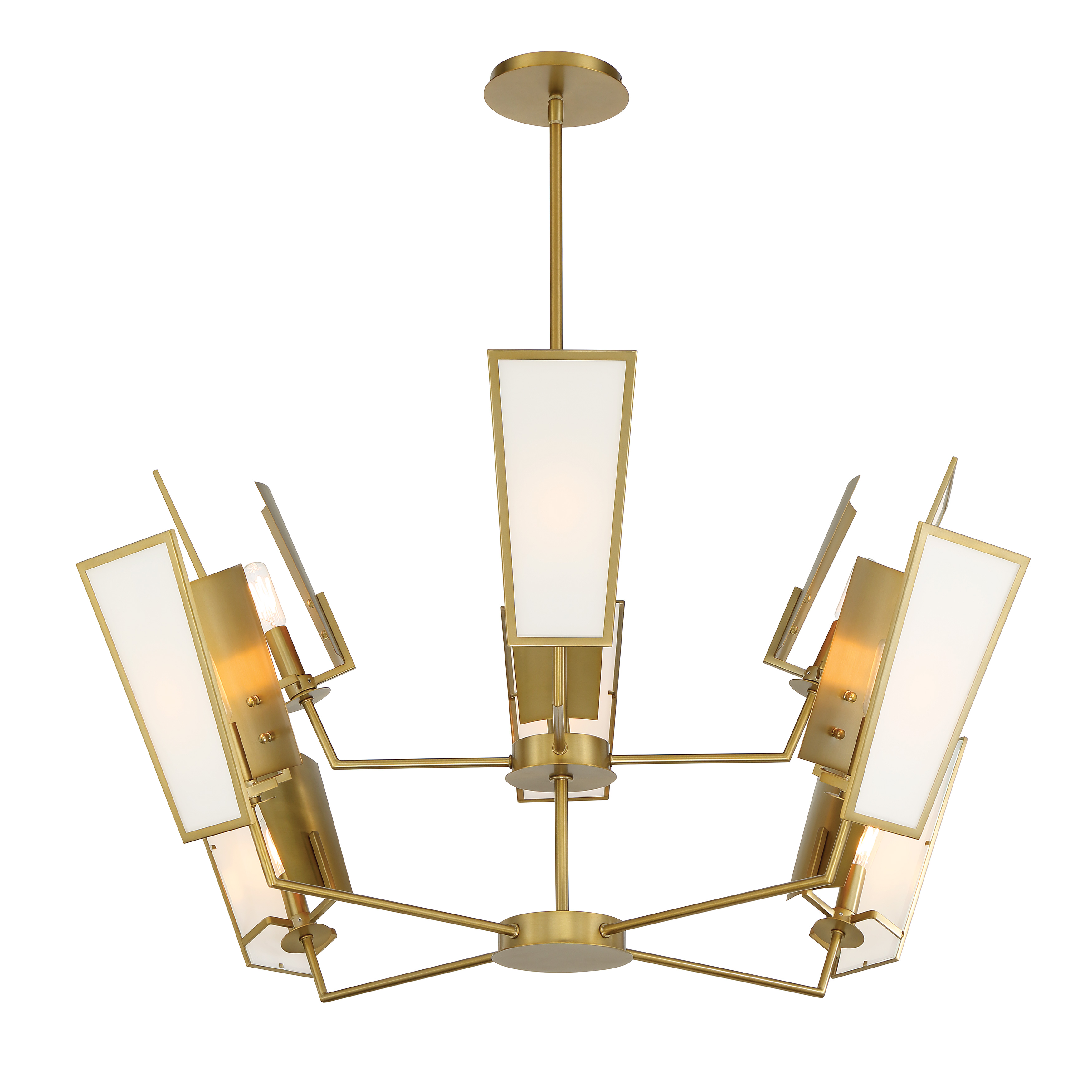 The Ricochet chandelier combines contemporary design with timeless elegance through its two-tier configuration and soft brass finish. Eight white silk glass shades provide warm, diffused illumination perfect for dining and entertaining spaces. - alternate view
