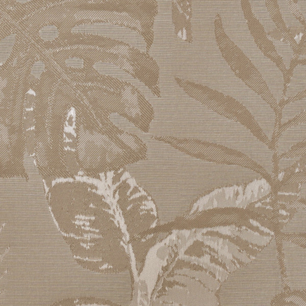 Large tropical leaves repeat across a beige woven fabric, printed in lighter and darker tan tones, creating a subtle botanical pattern with textured, distressed highlights.