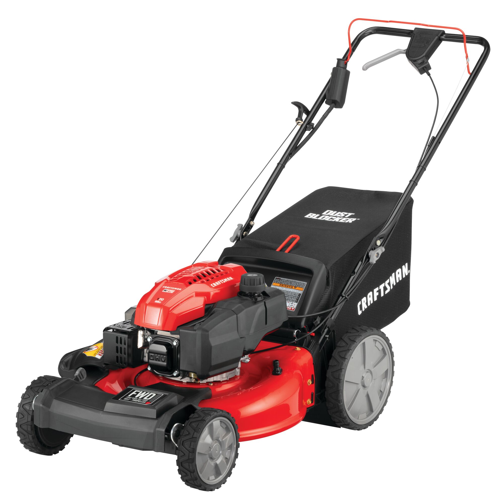 Profile of 21 inch 159 c c f w d self propelled mower with v 20 battery start.