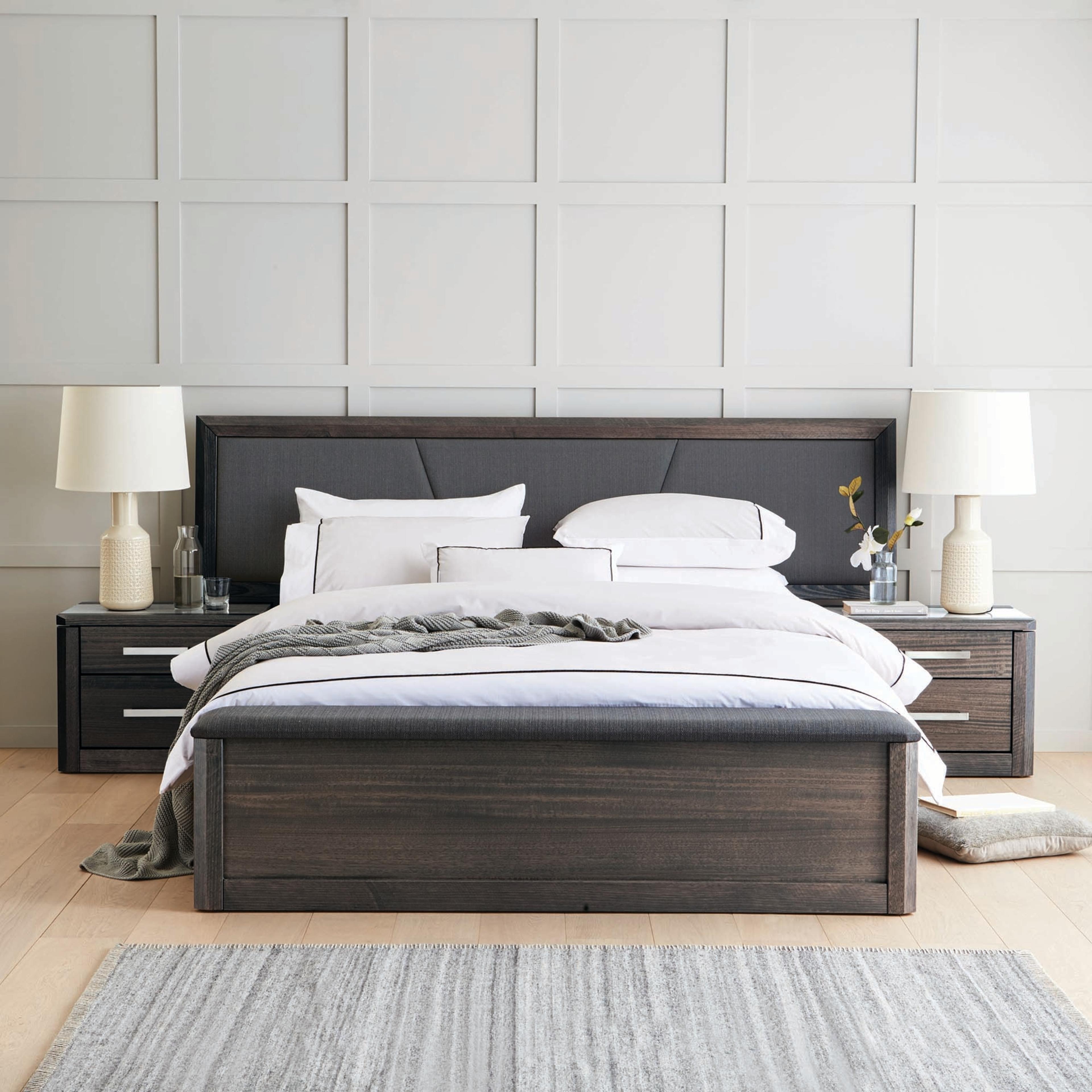 Lifestyle image of the Maitland Bed Frame, W/ Extended Upholstered Headboard & Storage Foot Box Base, Charcoal-Vibe Charcoal from Forty Winks
