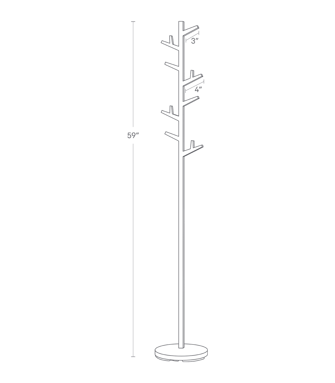Dimension image for Coat Rack showing a total height of 59 inches and hooks of 3 inches and 4 inches.