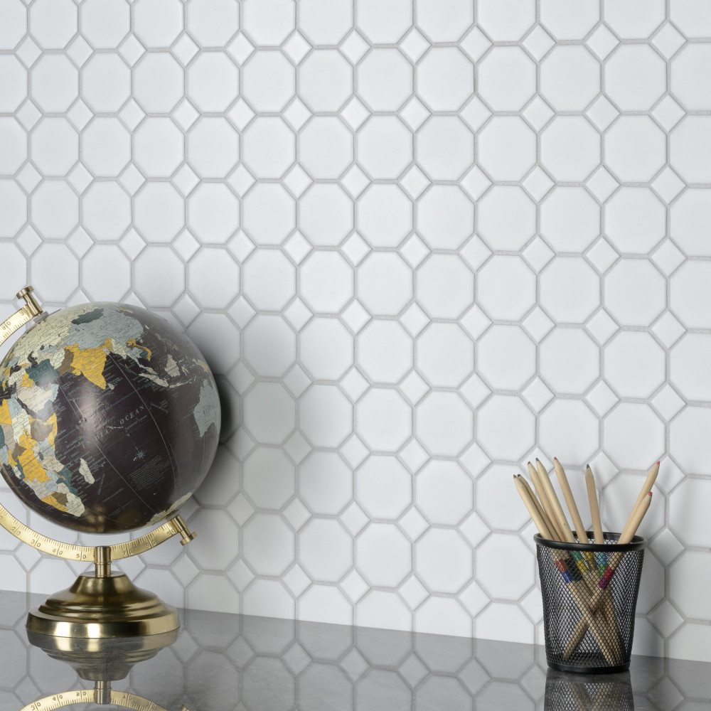 Sample – Metro Octagon Matte White w/ White Dot Porcelain Mosaic Tile