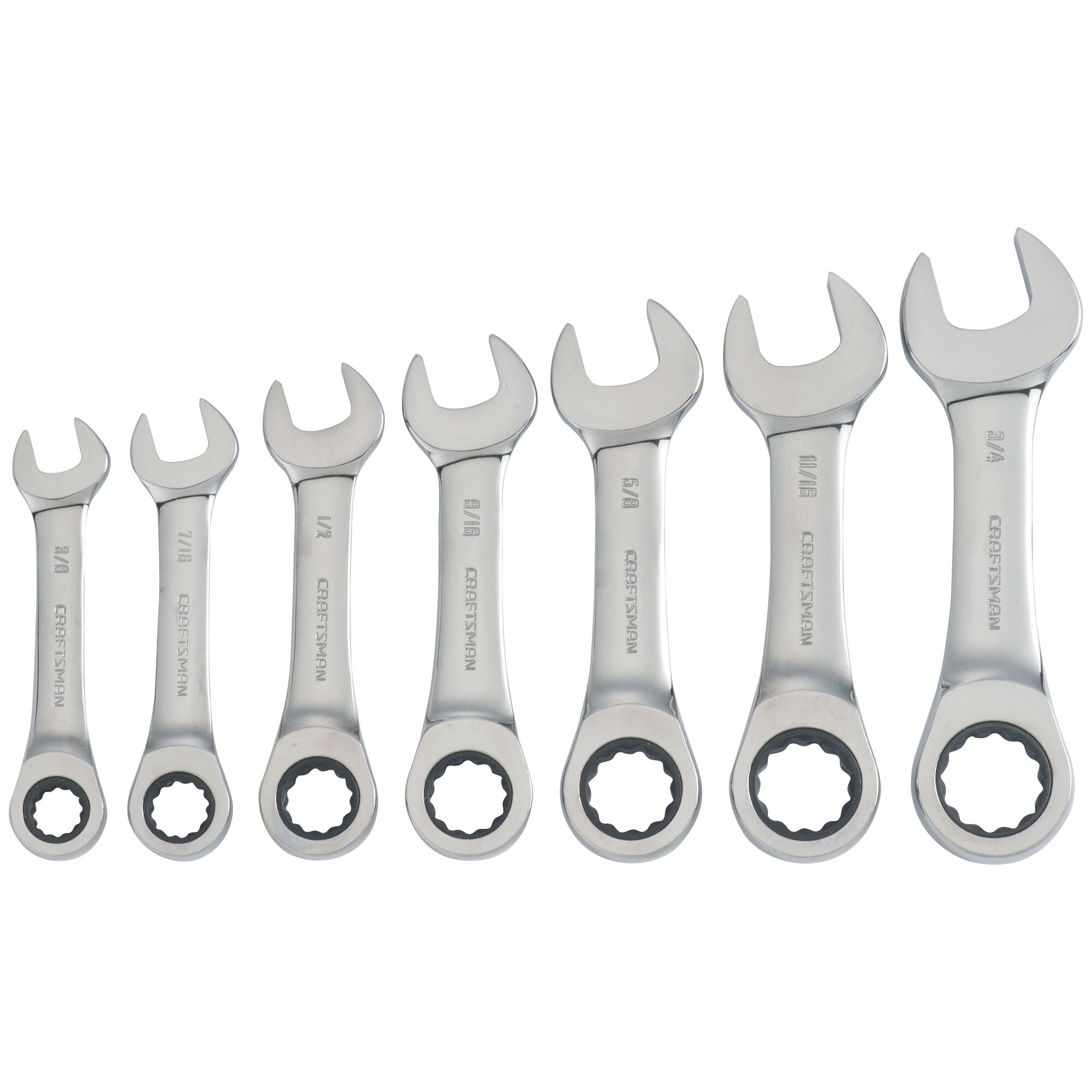 Profile of 7 piece S A E stubby ratcheting wrench set.