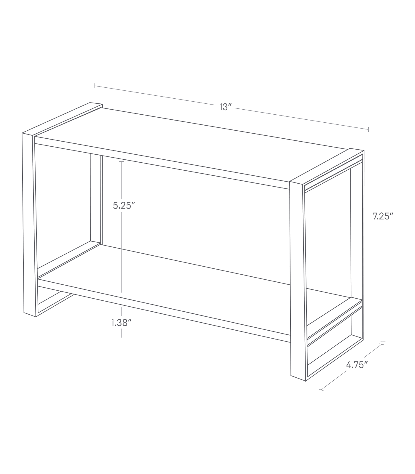 Dimension image of Two-Tier Riser with a width of 13 inches, height of 7.25 inches, and depth of 4.75. The space under the shelf is 1.38 inches high, and there is a distance of 5.25 inches between the two shelves.