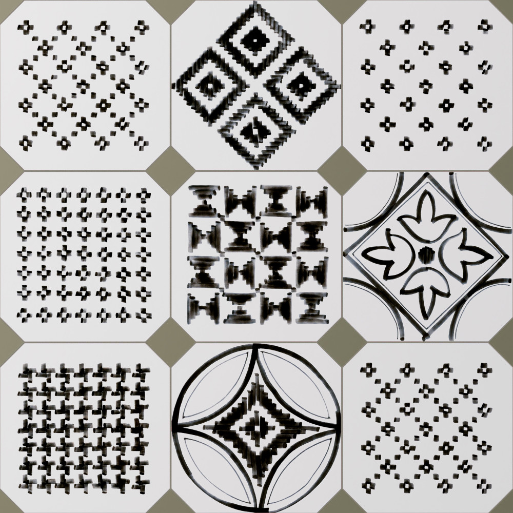 Vaudeville Octagon Deco Sombra with Taco Oliva 7-7/8 in. x 7-7/8 in. Porcelain Floor and Wall Tile