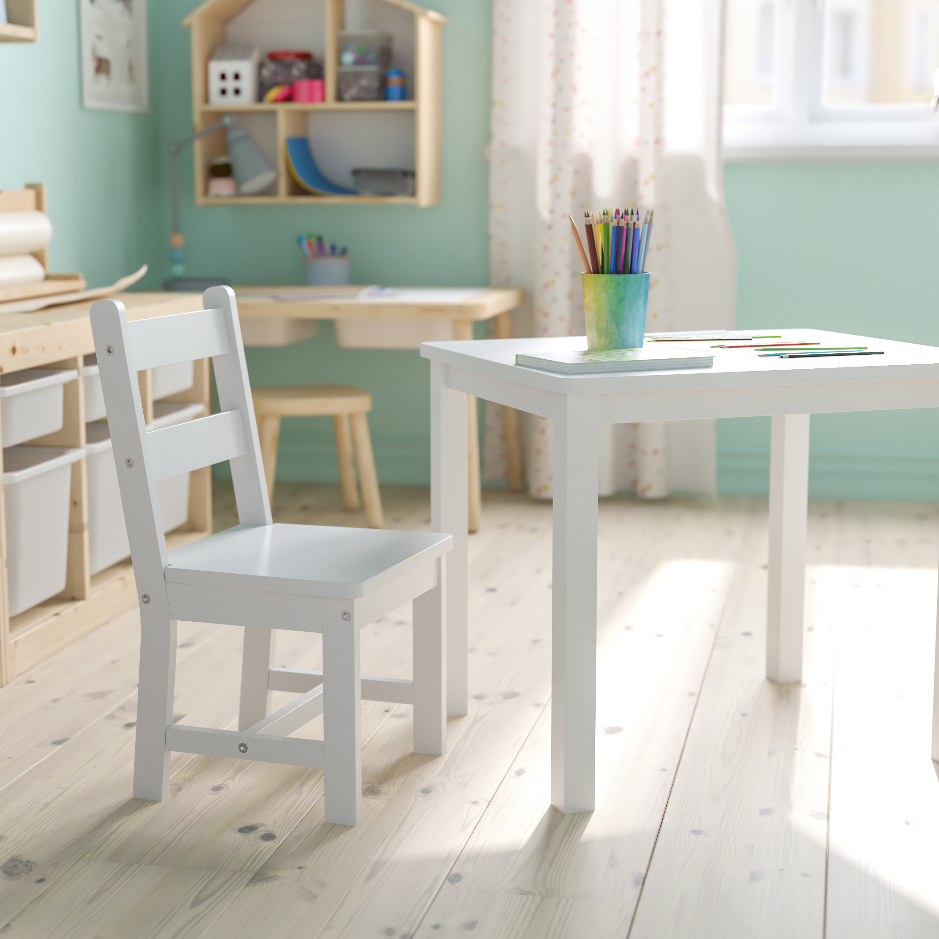 Juego de mesa y silla de madera maciza para niños de 3 piezas para sala de juegos, cocina - blanco - Imagen 28 de 37