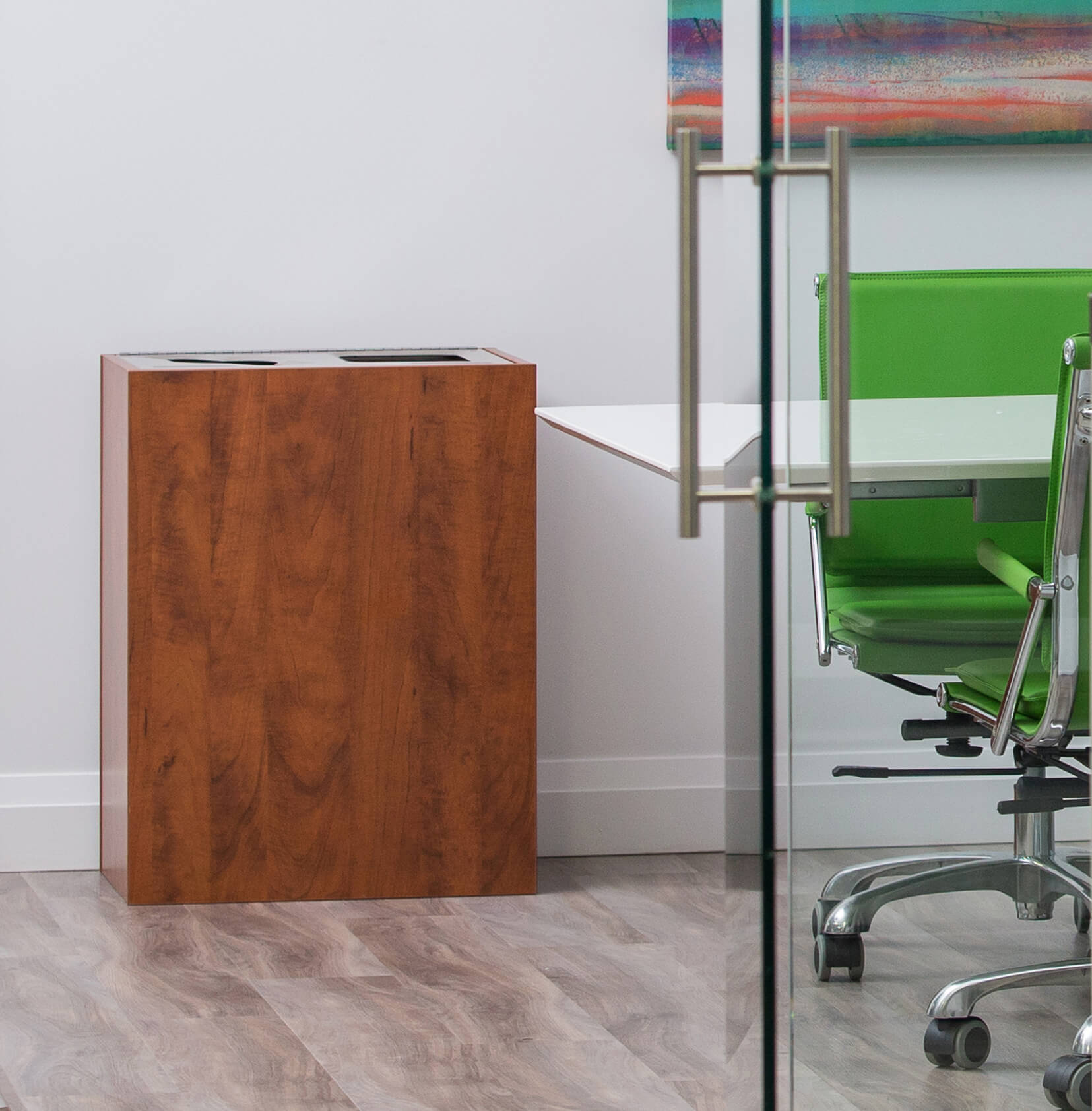 upscale recycling and trash bin in a modern office area