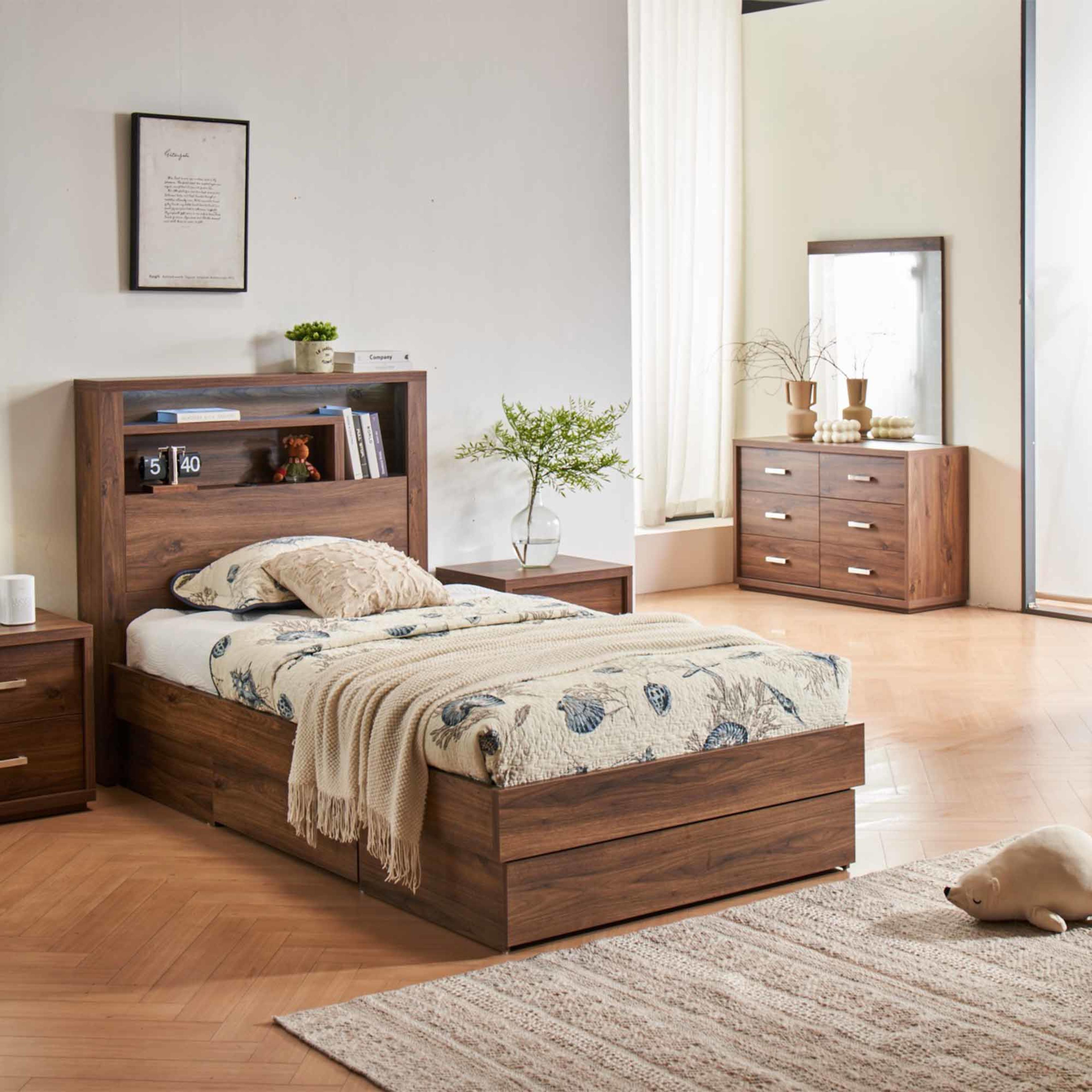 Lifestyle image of the  Bellevue Bed Frame, 3 Drawer Base, Rustic Walnut from Forty Winks