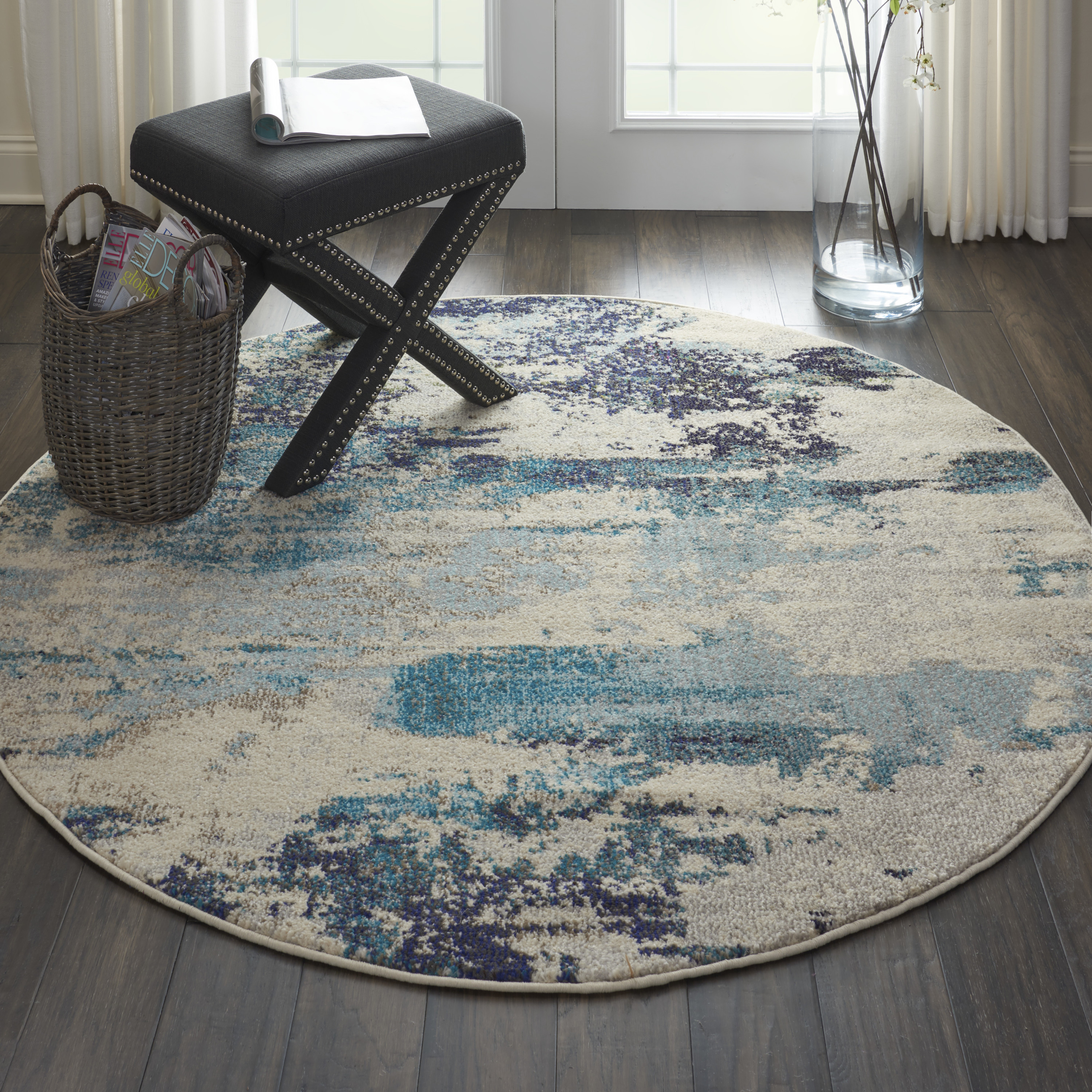 Nourison Celestial 4' x Round Ivory Teal Blue Modern Indoor Rug